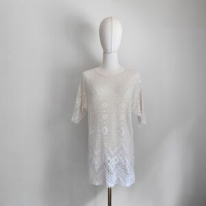 Vintage White Crochet Tunic Small, 80s 90s Boho Beach Cover Up, Cottagecore top